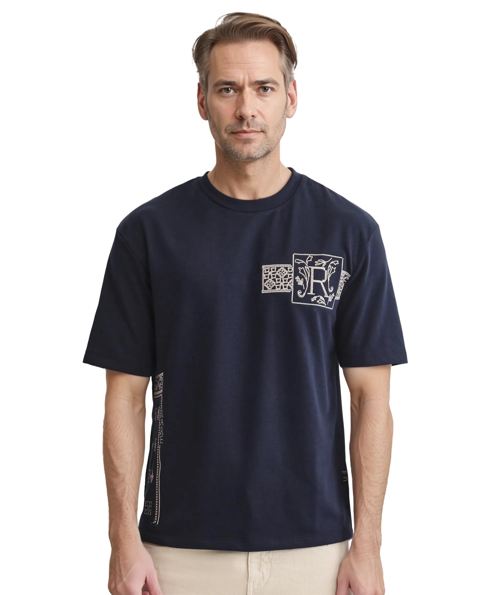Men's Shirts with Raw-Edge HemlinesRare Rabbit Men's Myro-1 Navy Cotton Polyester Fabric Short Sleeve Crew Neck Skinny Fit Vertical Stripes T-Shirt