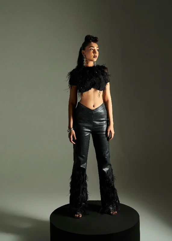 Yoked Back Men's JeansIsla Black Feather Embellished Crop Top & Pant Set