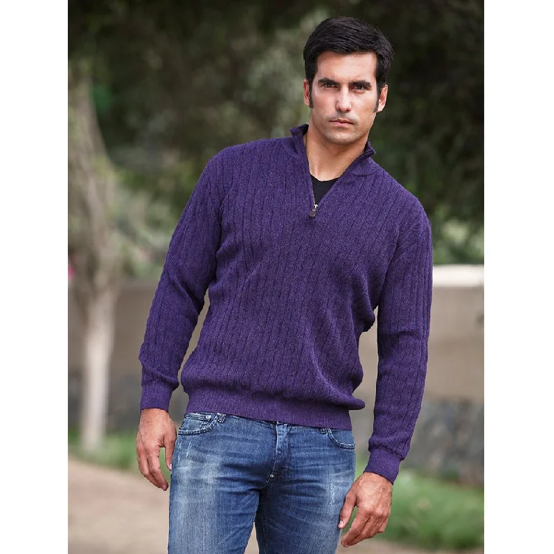Men's Sweaters with Asymmetrical HemlinesBaby Alpaca 'Links Stitch' Half-Zip Mock Neck Sweater in Plum Heather by Peru Unlimited