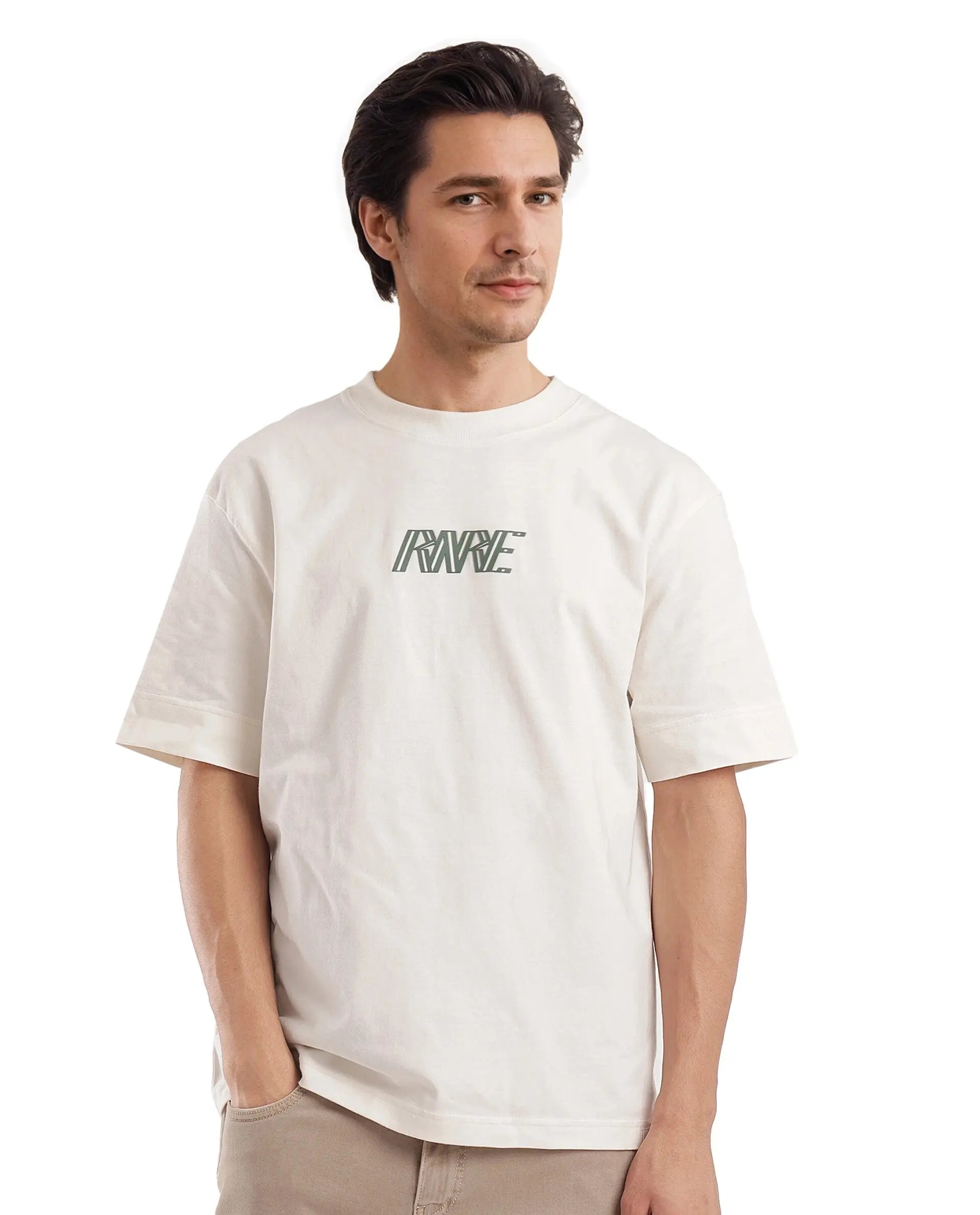Men's Shirts with Surplice HemlinesRare Rabbit Men Harve Off White Cotton Fabric Short Sleeve Crew Neck Boxy Fit Branding Print T-Shirt