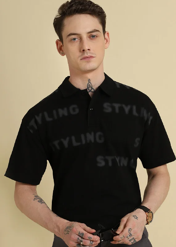 Men's Shirts with Hook-and-Loop ClosuresFaded Print Black Polo T-shirt