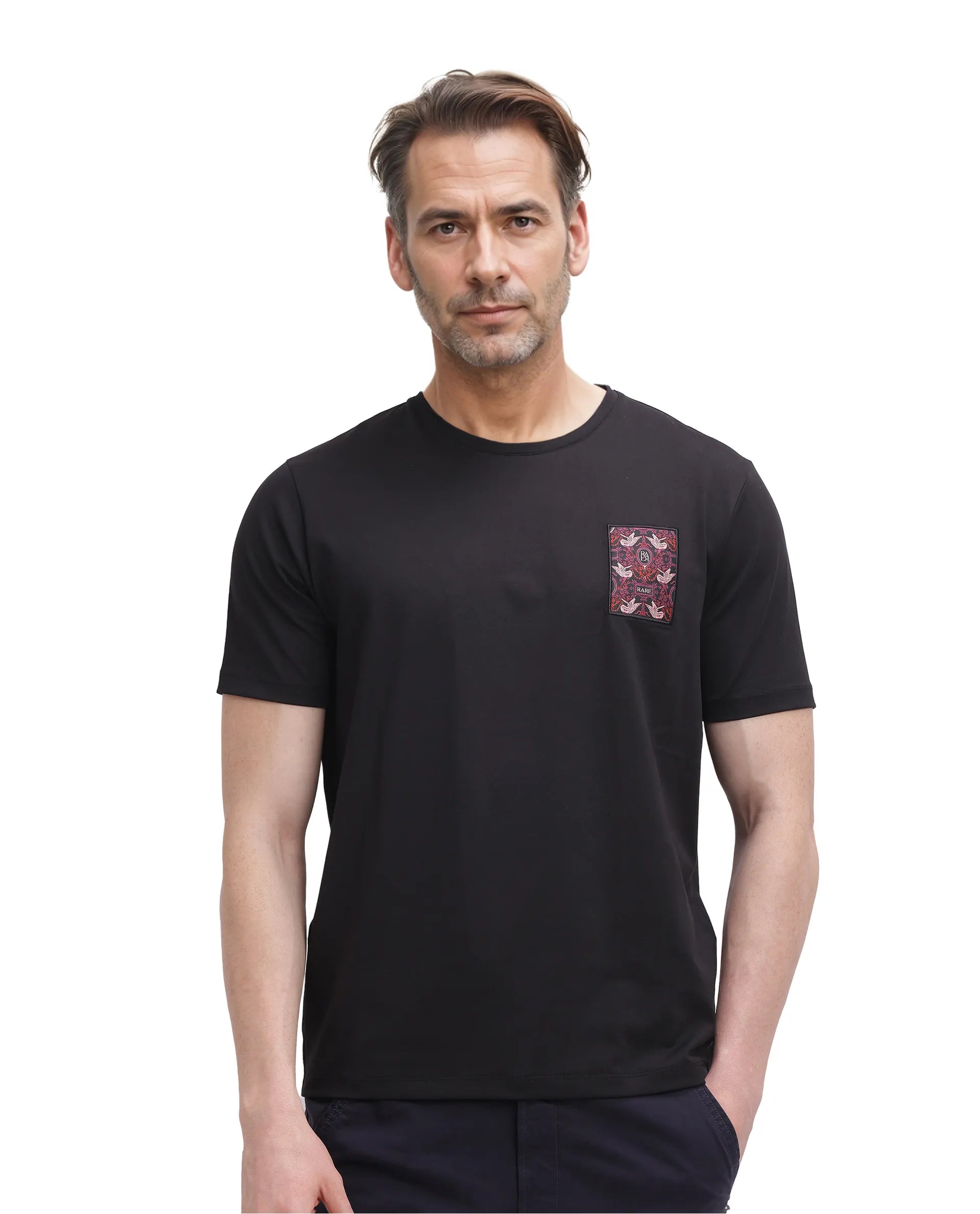 Men's Shirts with Button-Down PocketsRare Rabbit Men Frovik Black Short Sleeve Crew Neck Marrowed Label T-Shirt