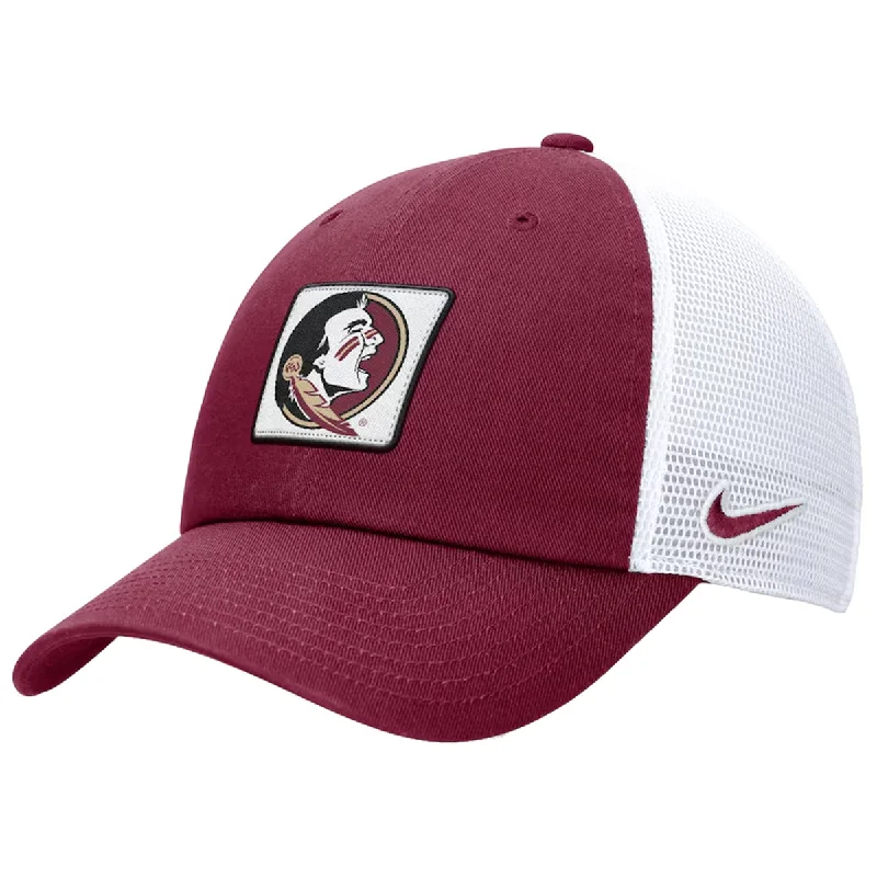 Best Casual HatsNike Seminole Logo Patch Unstructured Mesh Club Trucker Cap - Garnet/White