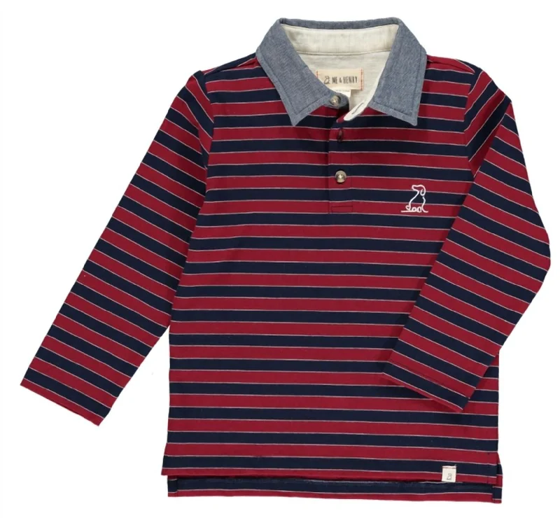 Men's Shirts with Lace-Up HemlinesBoy's Waverly Long Sleeve Polo Shirt With Chambray Collar In Wine & Navy