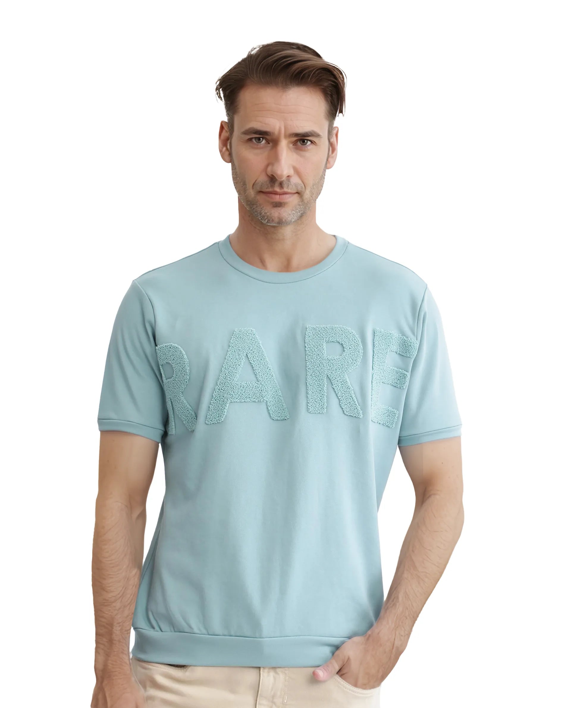 Men's Shirts for BoatingRare Rabbit Men Nor-3 Dusky Turq Cotton Poly Fabric Short Sleeves Crew Neck Oversized Fit Embroidered T-Shirt