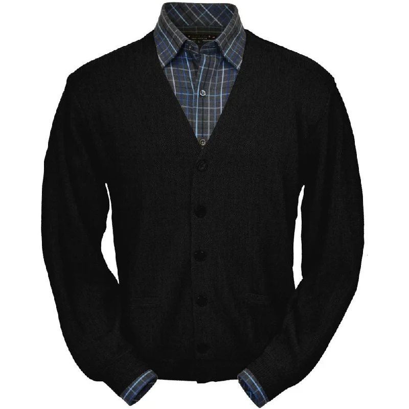 Men's Sweaters with Patchwork DesignsBaby Alpaca 'Links Stitch' V-Neck Cardigan Sweater in Black by Peru Unlimited