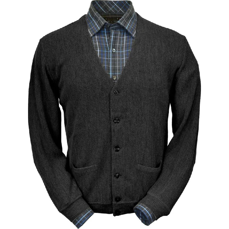 Men's Sweaters with Hooks and LoopsBaby Alpaca 'Links Stitch' V-Neck Cardigan Sweater in Charcoal Heather by Peru Unlimited Men's Sweaters with Hooks and LoopsBaby Alpaca 'Links Stitch' V-Neck Cardigan Sweater in Charcoal Heather by Peru Unlimited