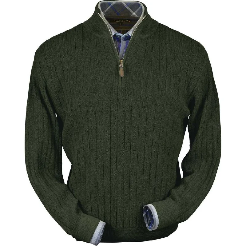 Men's Sweaters with Ribbed WaistbandsBaby Alpaca 'Links Stitch' Half-Zip Mock Neck Sweater in Leaf Moss Heather by Peru Unlimited