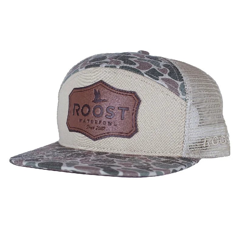 Formal Top HatsFieldstone Roost Camo 7 Panel Shield Leather Patch Hat
