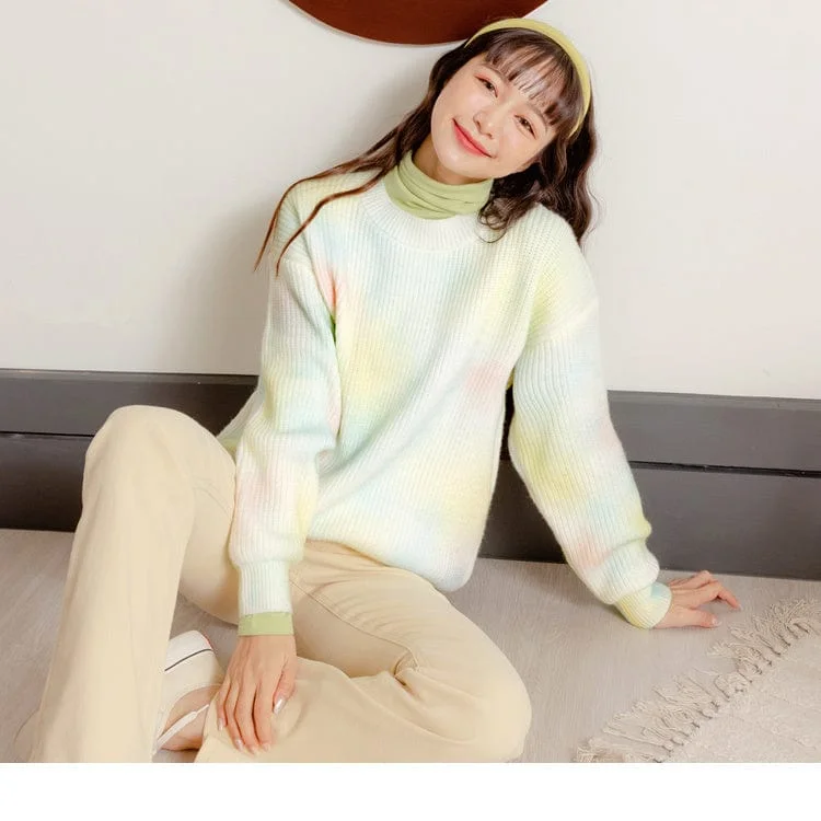Men's Sweaters for Outdoor ActivitiesDROP SHOULDER HIGH NECK COLOR PRINTED LONG SLEEVE TOPS