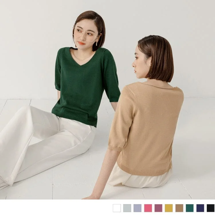 Men's Sweaters with Low-Neck DesignsV-NECK SHORT SLEEVE MULTI COLOR RIB CUFF TOPS