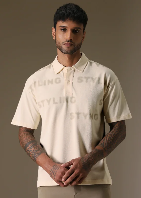 Men's Shirts with Zippered PocketsFaded Print Cream Polo T-shirt