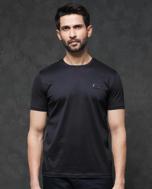 Men's Shirts with Checkered PatternsRare Rabbit Men's Badgen Navy Cotton Fabric Half Sleeves Regular Fit Solid T-Shirt