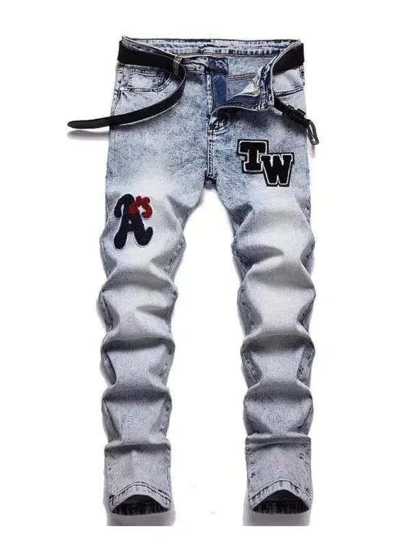 Leather Patch Men's JeansPatches Straight Leg Jeans