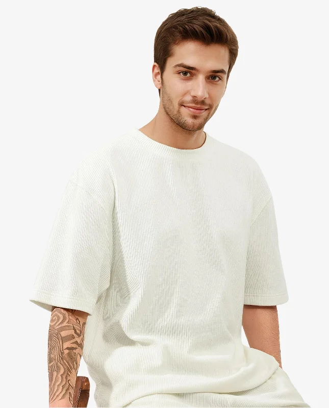 Men's Shirts with High NecksRare Rabbit Men's Breet White Cotton Lycra Fabric Short Sleeve Oversized Fit Ribbed Solid T-Shirt