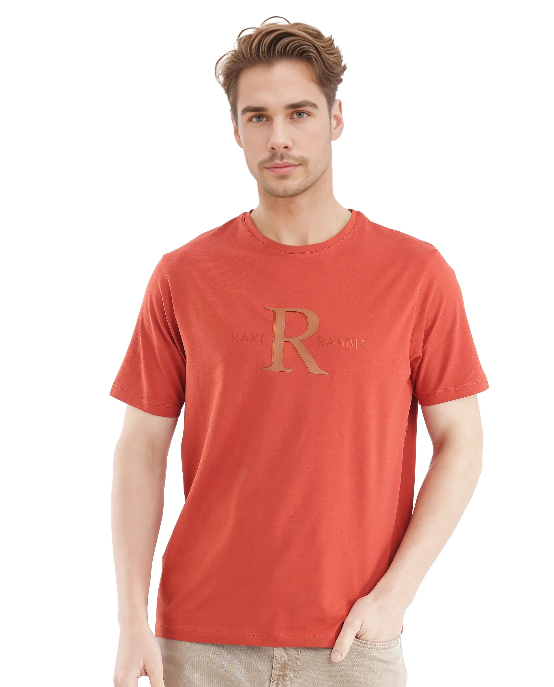 Men's Shirts with Mock NecksRare Rabbit Men's Sorin-1 Rust Cotton Lycra Fabric Short Sleeve Crew Neck Graphic Print T-Shirt