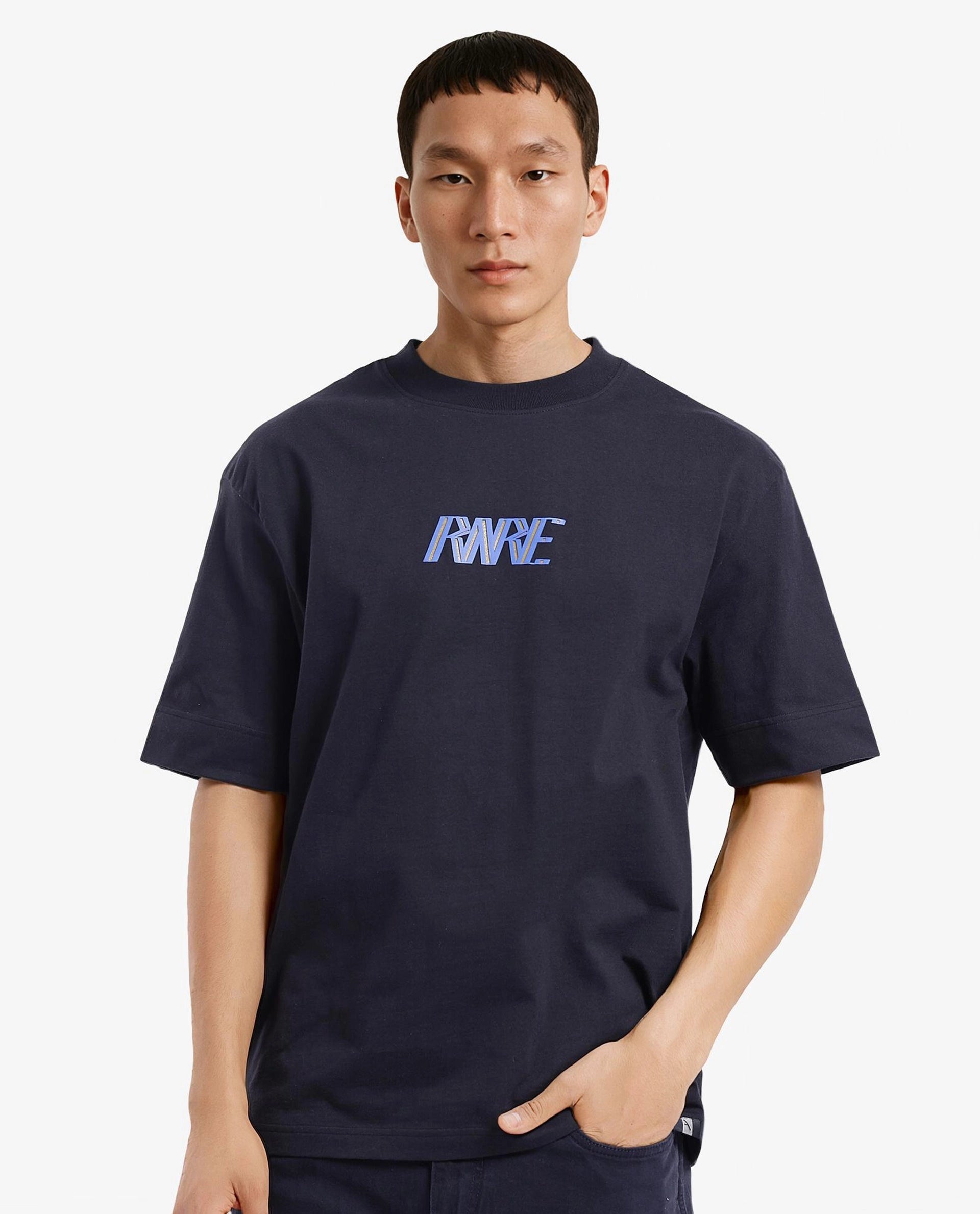 Men's Shirts with Embellished HemlinesRare Rabbit Men Harve Black Cotton Fabric Short Sleeve Crew Neck Boxy Fit Branding Print T-Shirt
