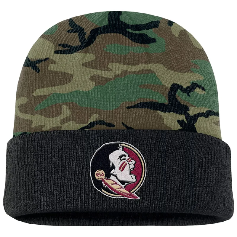 Warm Woolen HatsNike Men's Seminole Logo Cuff Knit Military Beanie - Camo/Black