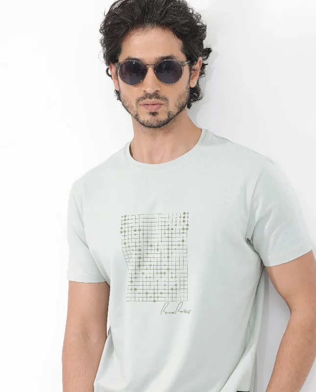 Men's Shirts with Barrel CuffsRare Rabbit Articale Mens Alder Pastel Green Cotton Polyester Fabric Short Sleeve Crew Neck Slim Fit Printed T-Shirt