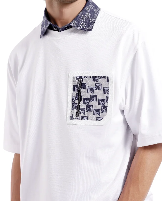 Casual Men's T-ShirtsRare Rabbit Men Zobo White Cotton Blend Fabric Short Sleeve Crew Neck Oversized Fit Monogram Print Pocket T-Shirt