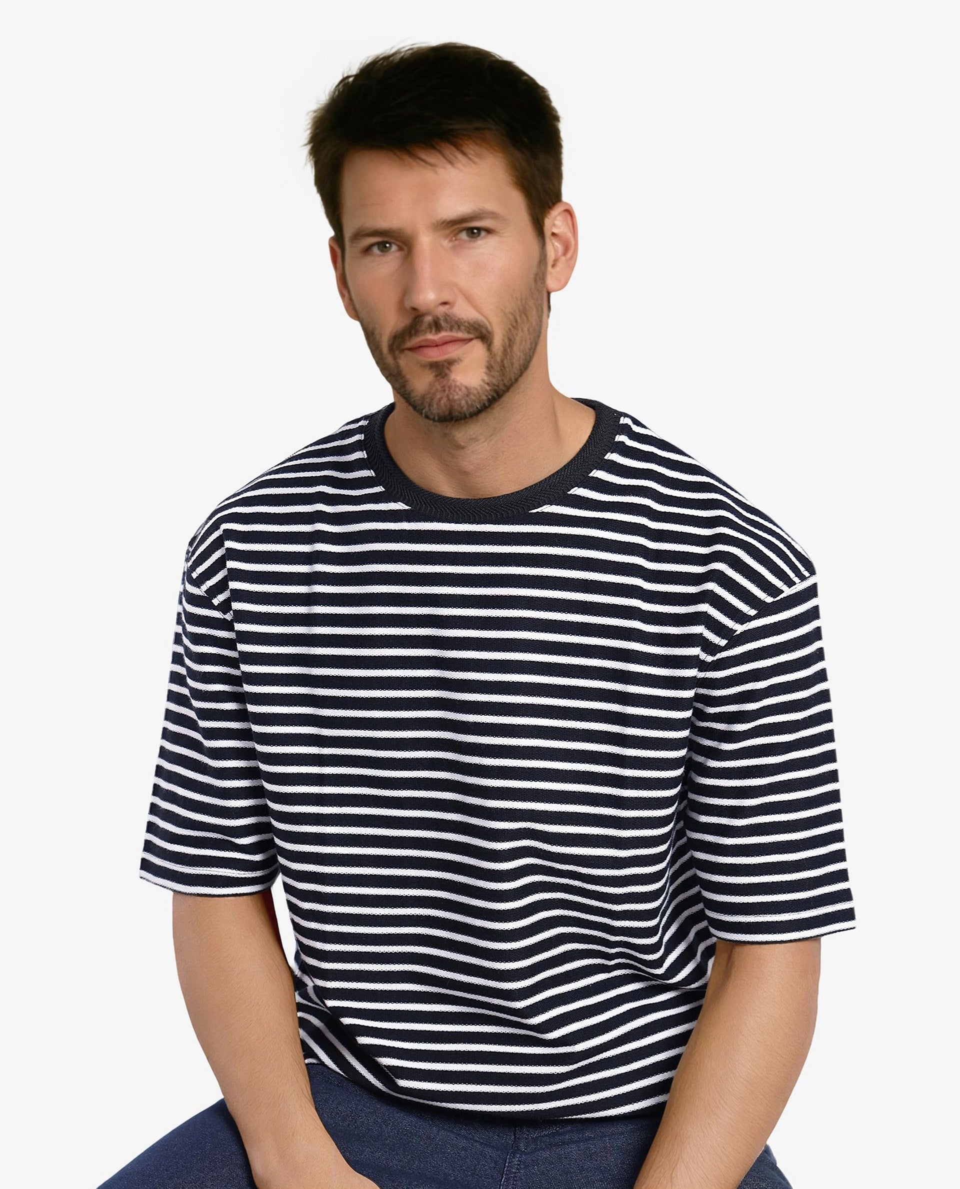 Men's Shirts with Wrinkle-Resistant FabricRare Rabbit Articale Men's Paskot-1 Navy Cotton Fabric Short Sleeve Crew Neck Oversized Fit Narrow Stripes T-Shirt