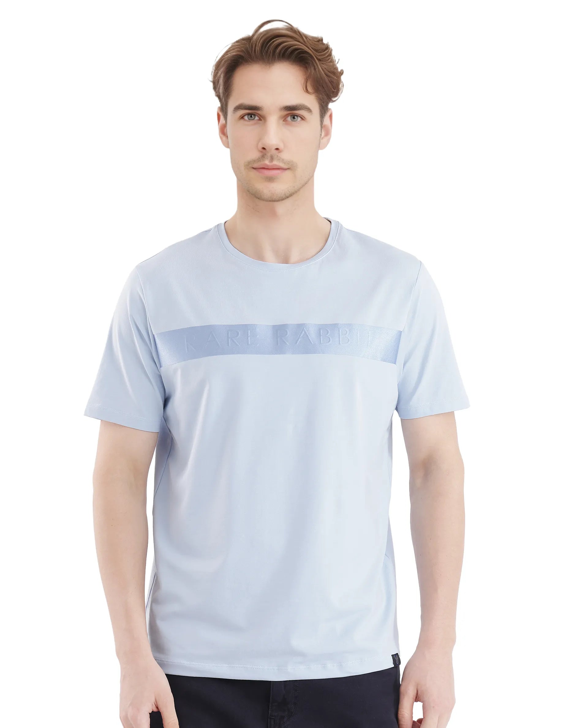 Men's Performance Shirts for SportsRare Rabbit Men's Olios-1 Light Blue Cotton Lycra Fabric Short Sleeve Crew Neck Graphic Print T-Shirt