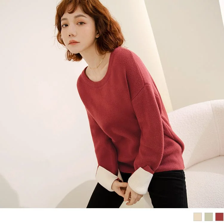 Men's Sweaters with Ribbed HemsROUND NECK CONTRAST COLOR LONG SLEEVE FUR TOPS
