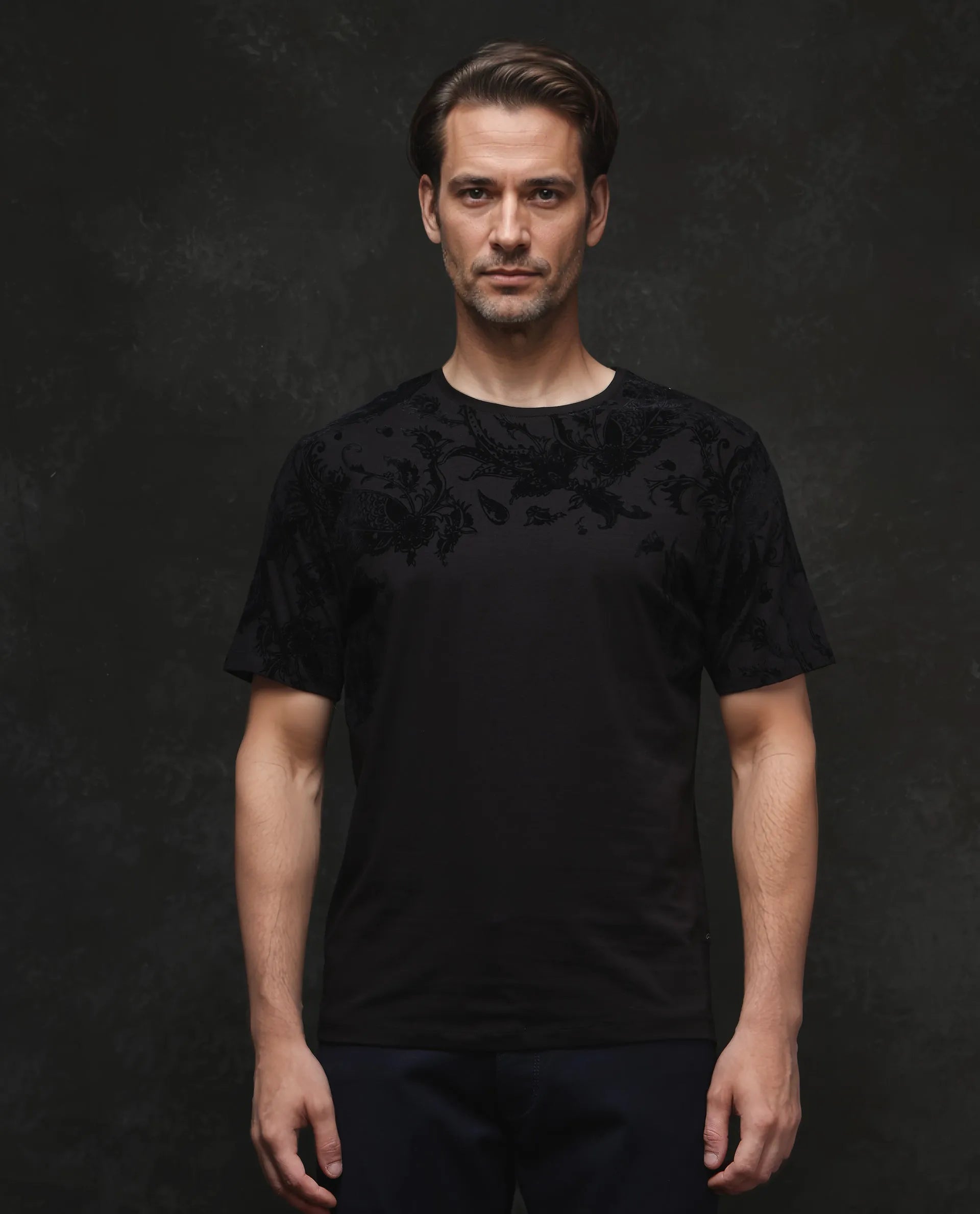 Men's Shirts with Spread CollarsRare Rabbit Men's Ferris-1 Black Cotton Lycra Fabric Full Sleeve Collared Neck Button Closure Striped T-Shirt