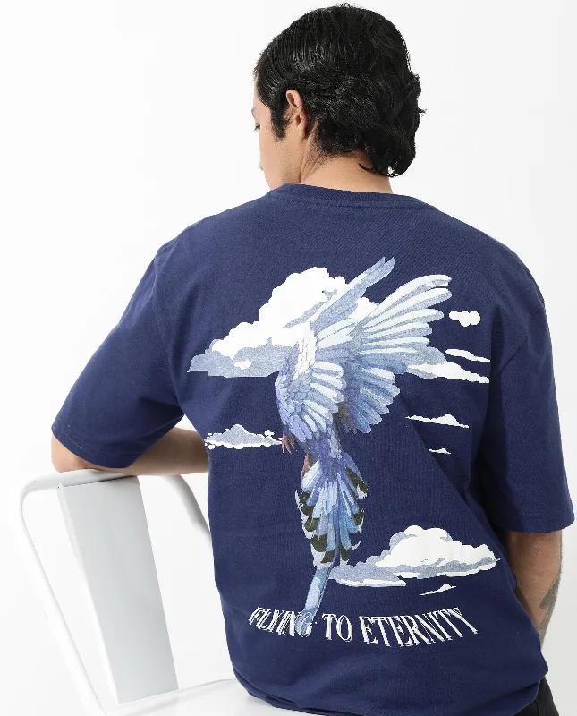 Men's Shirts with Appliquéd SleevesRare Rabbit Articale Men's Flyby Blue Cotton Fabric Crew Neck Oversized Fit Graphic Print T-Shirt