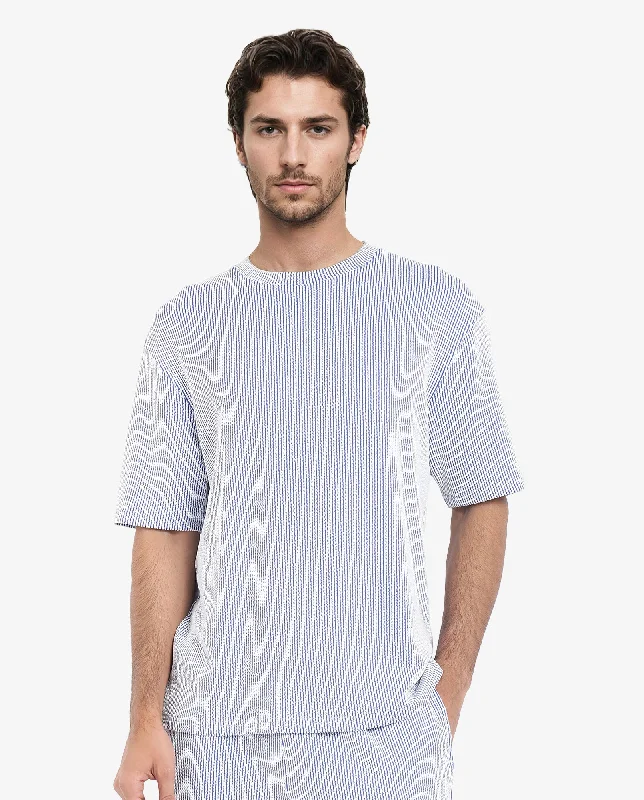 Men's Shirts with Bow TiesRare Rabbit Men's Zavet-T Blue Cotton Polyester Fabric Short Sleeves Crew Neck Oversized Fit Self Stripe Textured T-Shirt