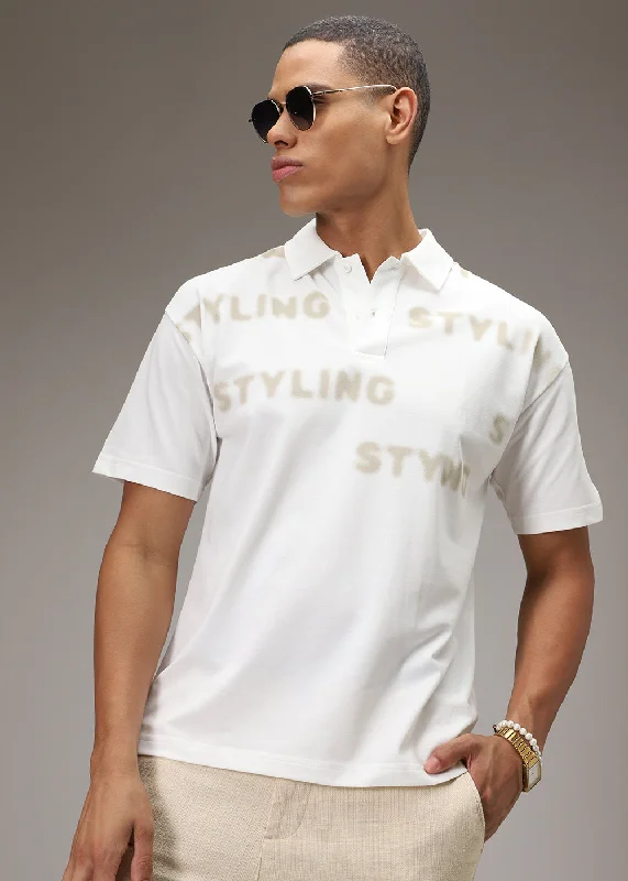 Men's Shirts with Embellished HemlinesFaded Print White Polo T-shirt