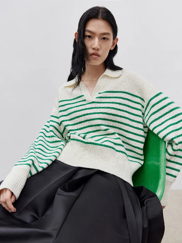 Men's Sweaters with Button CuffsStriped POLO Neck Knit Top