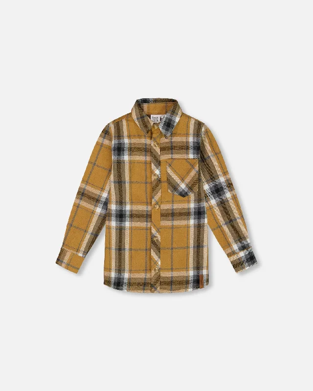 Men's Patterned Dress Shirts for a Unique TwistButton Down Flannel Shirt With Pocket Plaid Golden Yellow And Gray