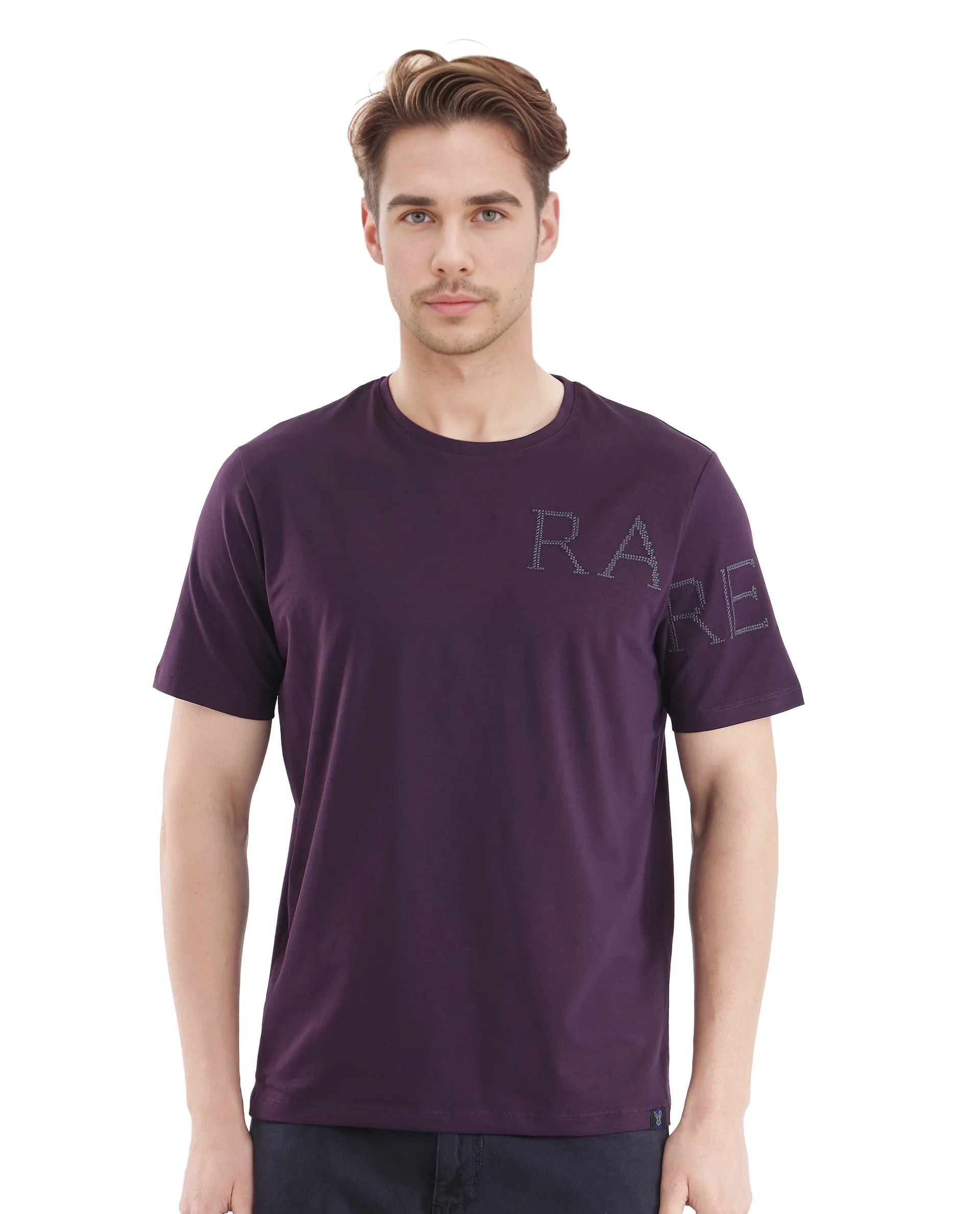 Men's Shirts for CampingRare Rabbit Men's Neilo-1 Dark Purple Cotton Lycra Fabric Short Sleeve Crew Neck Graphic Print T-Shirt