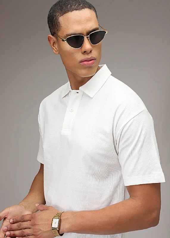 Men's Shirts with Embellished CollarsWhite Patterned Polo T-shirt