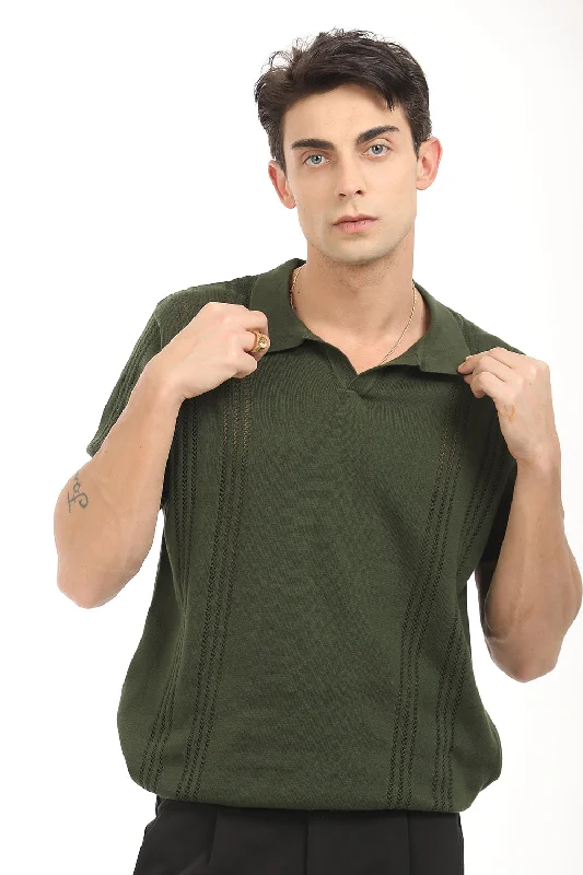Men's Shirts with Patch PocketsGreen Stripe Polo T-Shirt
