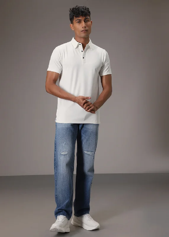 Men's Shirts with Appliqué DetailsWhite Ribbed Polo T-shirt