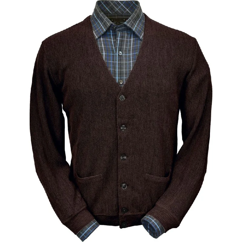 Men's Sweaters with Contrast TrimBaby Alpaca 'Links Stitch' V-Neck Cardigan Sweater in Dark Brown Heather by Peru Unlimited