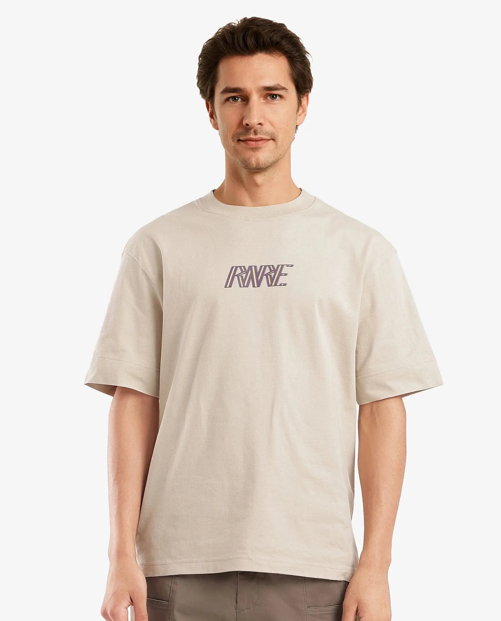 Men's Shirts with Velcro ClosuresRare Rabbit Men Harve Beige Cotton Fabric Short Sleeve Crew Neck Boxy Fit Branding Print T-Shirt