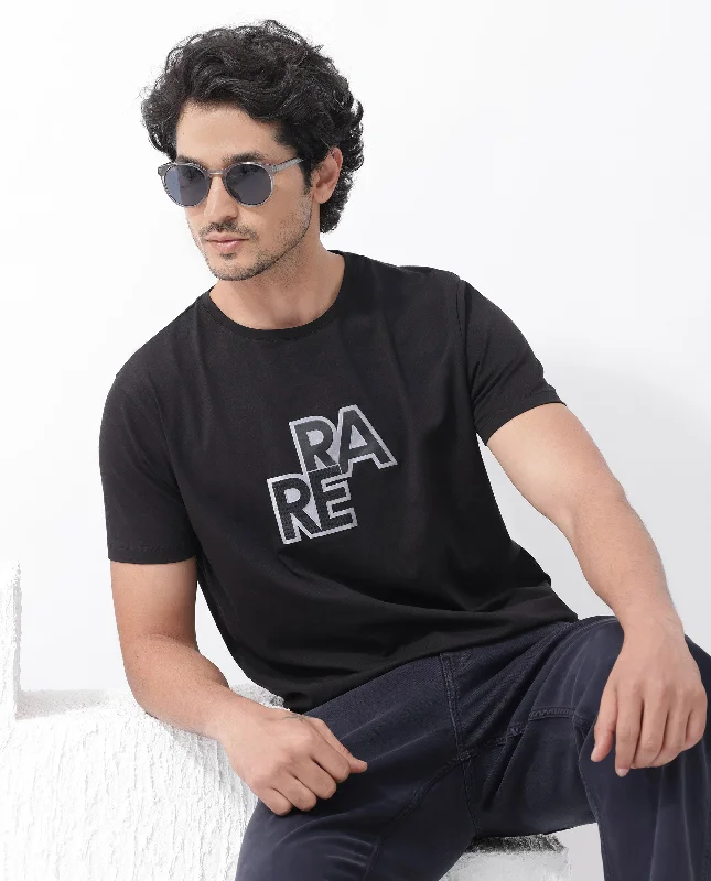 Breathable Men's Mesh TopsRare Rabbit Mens Oran Black Cotton Polyester Fabric Short Sleeve Regular Fit Graphic Printed T-Shirt Breathable Men's Mesh TopsRare Rabbit Mens Oran Black Cotton Polyester Fabric Short Sleeve Regular Fit Graphic Printed T-Shirt