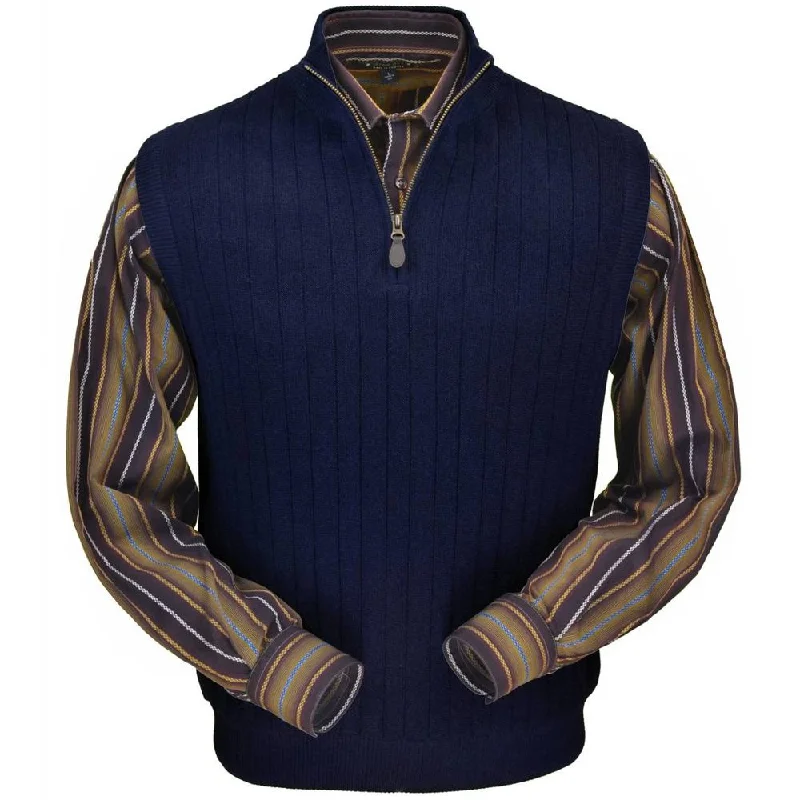Men's Sweaters with Ribbed CuffsBaby Alpaca 'Links Stitch' Ribbed Zip-Neck Sweater Vest in Navy by Peru Unlimited