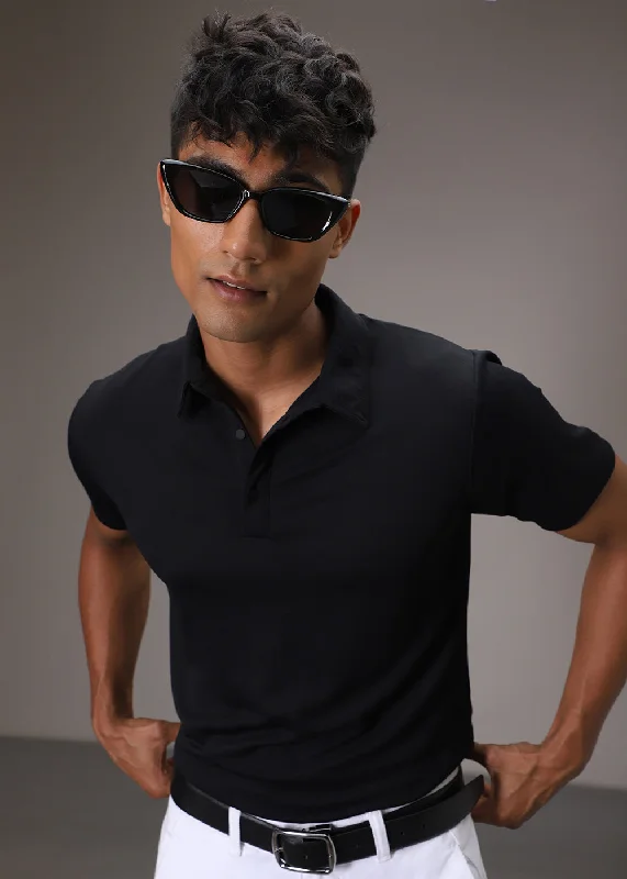 Men's Shirts with Spread CollarsBlack Ribbed Polo T-shirt