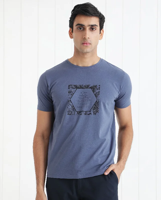 Men's Flowy Shirts for a Relaxed LookRare Rabbit Men's Creswen Blue Crew Neck Half Sleeves Regular Fit Tropical Print With Text T-Shirt