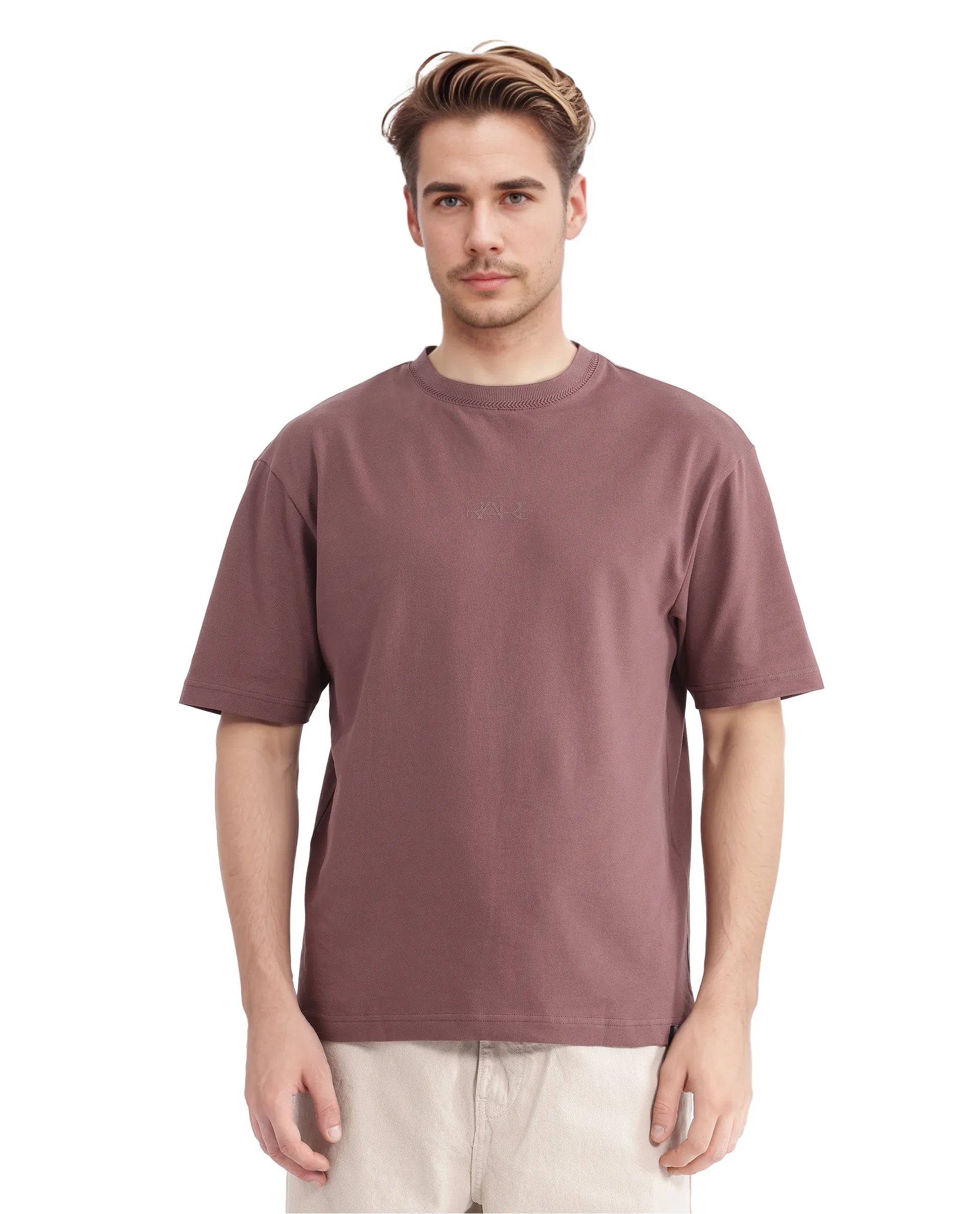 Men's Shirts with Rounded HemlinesRare Rabbit Men's Heros-2 Dusky Maroon Cotton Lycra Fabric Short Sleeve Crew Neck Oversized Fit Plain T-Shirt
