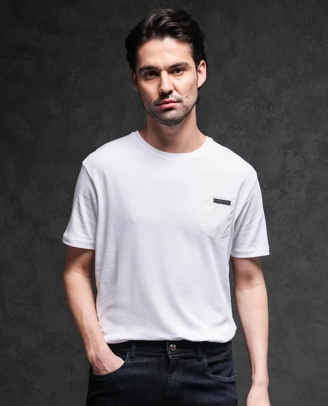 Men's Shirts with Zippered PocketsRare Rabbit Men's Azul White Crew Neck With Contrast Nylon Pocket Half Sleeves T-Shirt