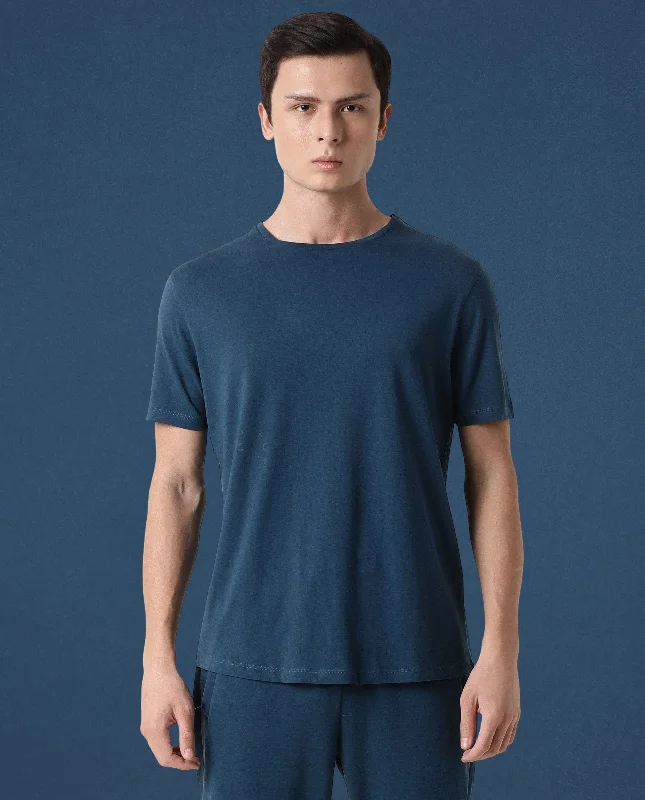 Men's Shirts with Short PlacketsRare Rabbit Articale Men's Caxel Oyster Teal Crew Neck Offset Brand Print Half Sleeves T-shirt