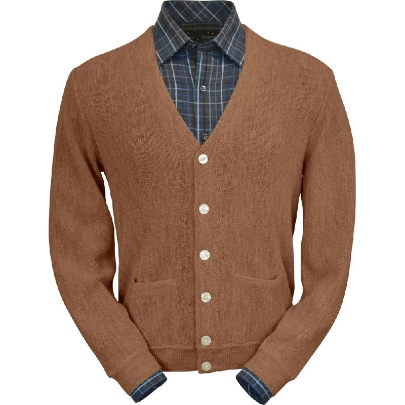 Men's Sweaters with Ribbed CuffsBaby Alpaca 'Links Stitch' V-Neck Cardigan Sweater in Camel by Peru Unlimited