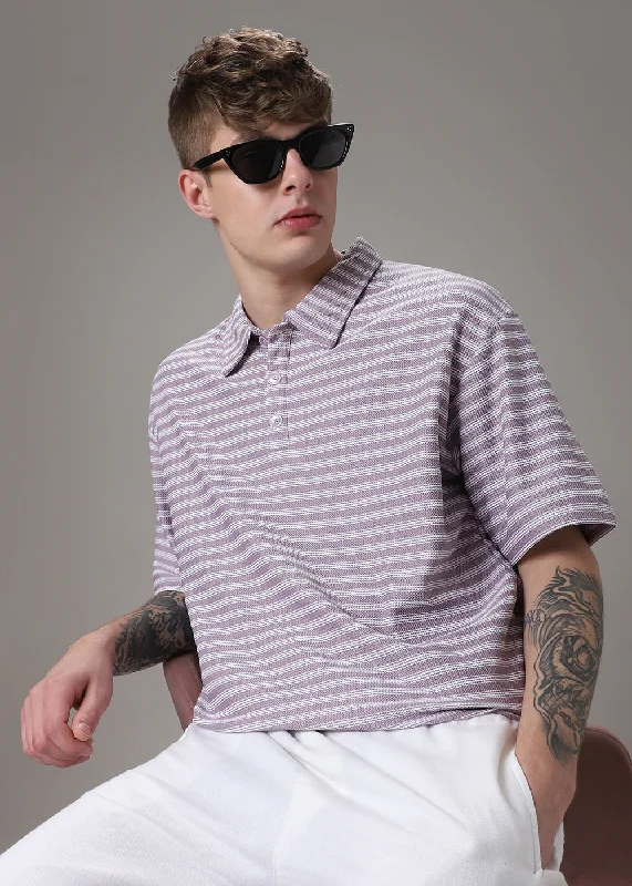Men's Shirts with Logo EmbossmentsStriped Lavender Oversized Polo  T-shirt