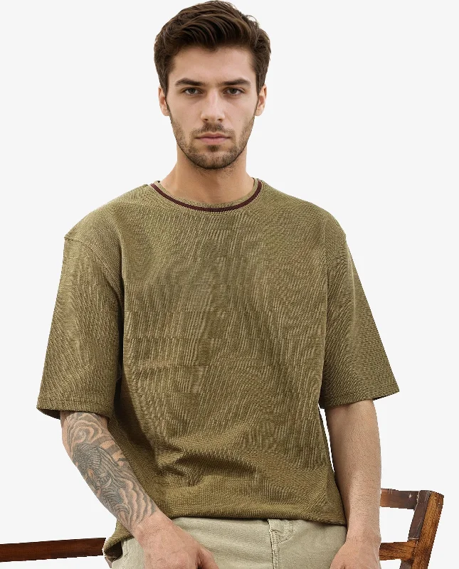 Men's Shirts with Embellished CollarsRare Rabbit Men's Adiso Dusky Mustard Cotton Fabric Half Sleeves Oversized Textured T-Shirt