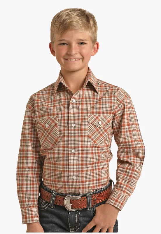 Lightweight Men's Poplin ShirtsRough Stock Boys Plaid Stretch Snap Long Sleeve Shirt